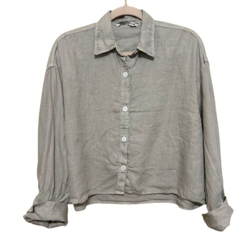 Zara Linen Button up Boxy Cropped Shirt Womens Large Gray Neutral Coastal Beachy
